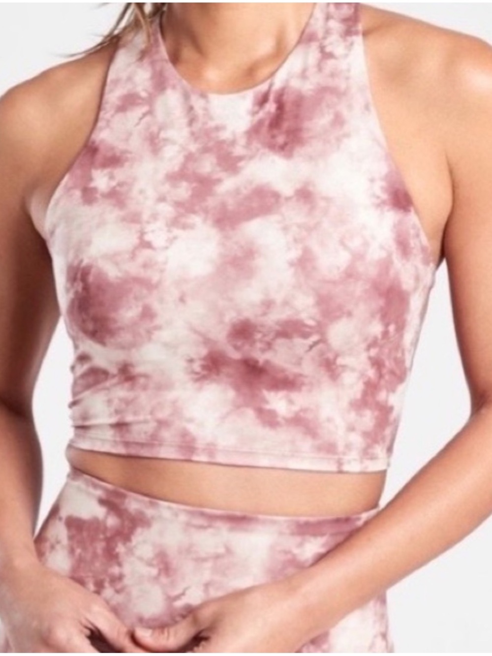 Athleta Conscious Crop Printed Sports Bra Pink Tie-Dye High Neck Rose Pink Sz M